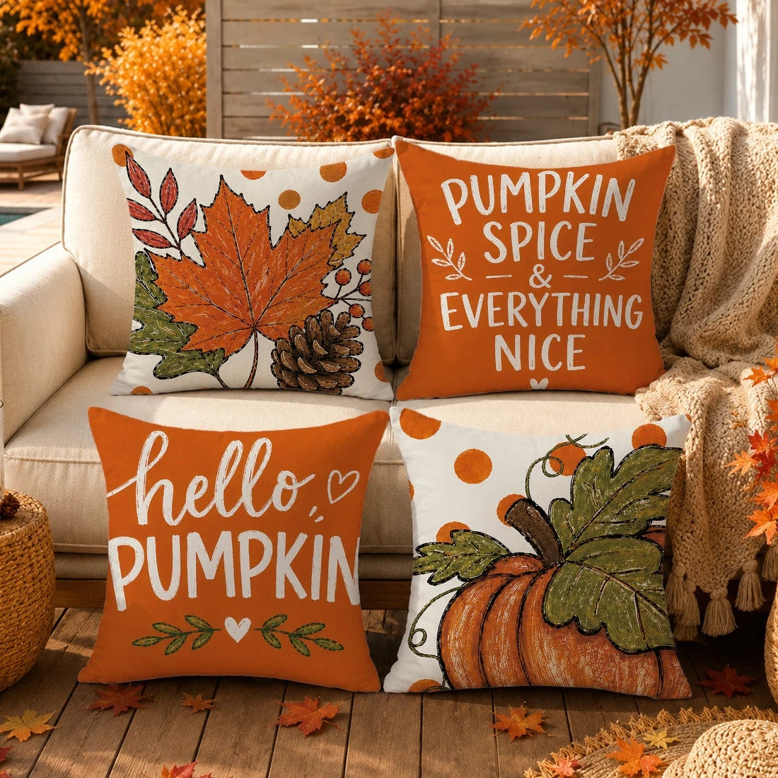 Autumn Minimalist Pumpkin Maple Leaf Pine Cone Cushion Cover 4pcs Set, Single-Sided Printed Peach Skin Velvet Polyester Material, 45*45CM/18*18inch Pillow Covers Suitable For Room Decor, Modern Minima