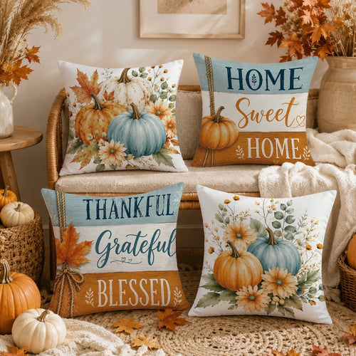 Autumn Minimalist Watercolor Blue Pumpkin & Maple Leaf Cushion Cover 4-Piece Set, Single-Sided Printed Peach Skin Velvet Polyester Material, 45*45CM Pillow Covers For Modern Fabric Sofa Indoor Decor