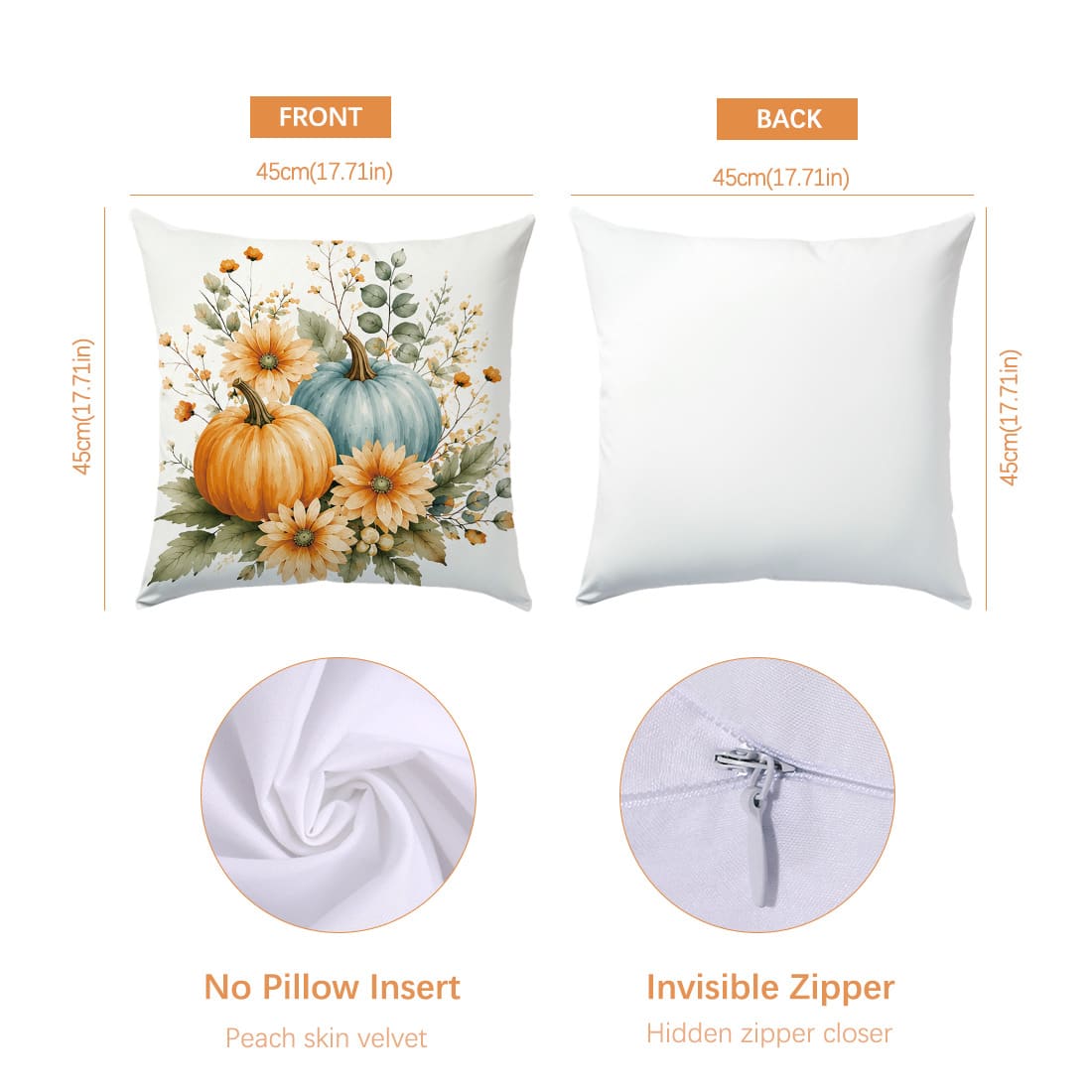 Autumn Minimalist Watercolor Blue Pumpkin & Maple Leaf Cushion Cover 4-Piece Set, Single-Sided Printed Peach Skin Velvet Polyester Material, 45*45CM Pillow Covers For Modern Fabric Sofa Indoor Decor