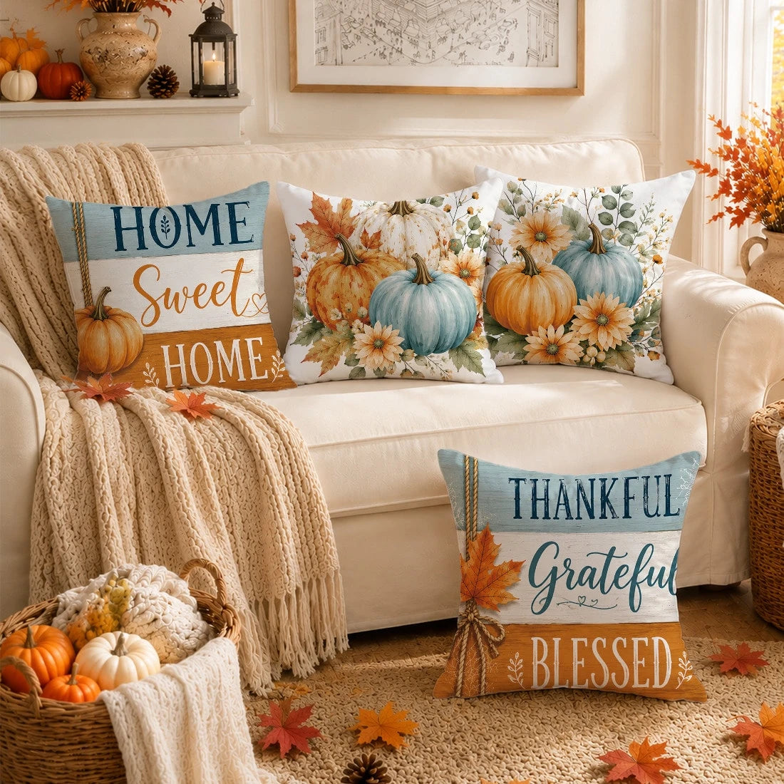 Autumn Minimalist Watercolor Blue Pumpkin & Maple Leaf Cushion Cover 4-Piece Set, Single-Sided Printed Peach Skin Velvet Polyester Material, 45*45CM Pillow Covers For Modern Fabric Sofa Indoor Decor