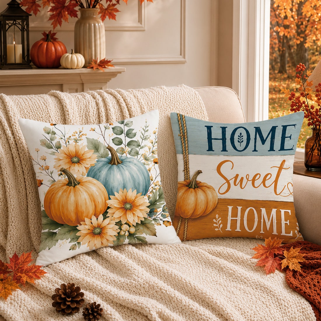 Autumn Minimalist Watercolor Blue Pumpkin & Maple Leaf Cushion Cover 4-Piece Set, Single-Sided Printed Peach Skin Velvet Polyester Material, 45*45CM Pillow Covers For Modern Fabric Sofa Indoor Decor