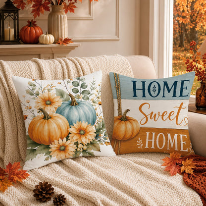 Autumn Minimalist Watercolor Blue Pumpkin & Maple Leaf Cushion Cover 4-Piece Set, Single-Sided Printed Peach Skin Velvet Polyester Material, 45*45CM Pillow Covers For Modern Fabric Sofa Indoor Decor