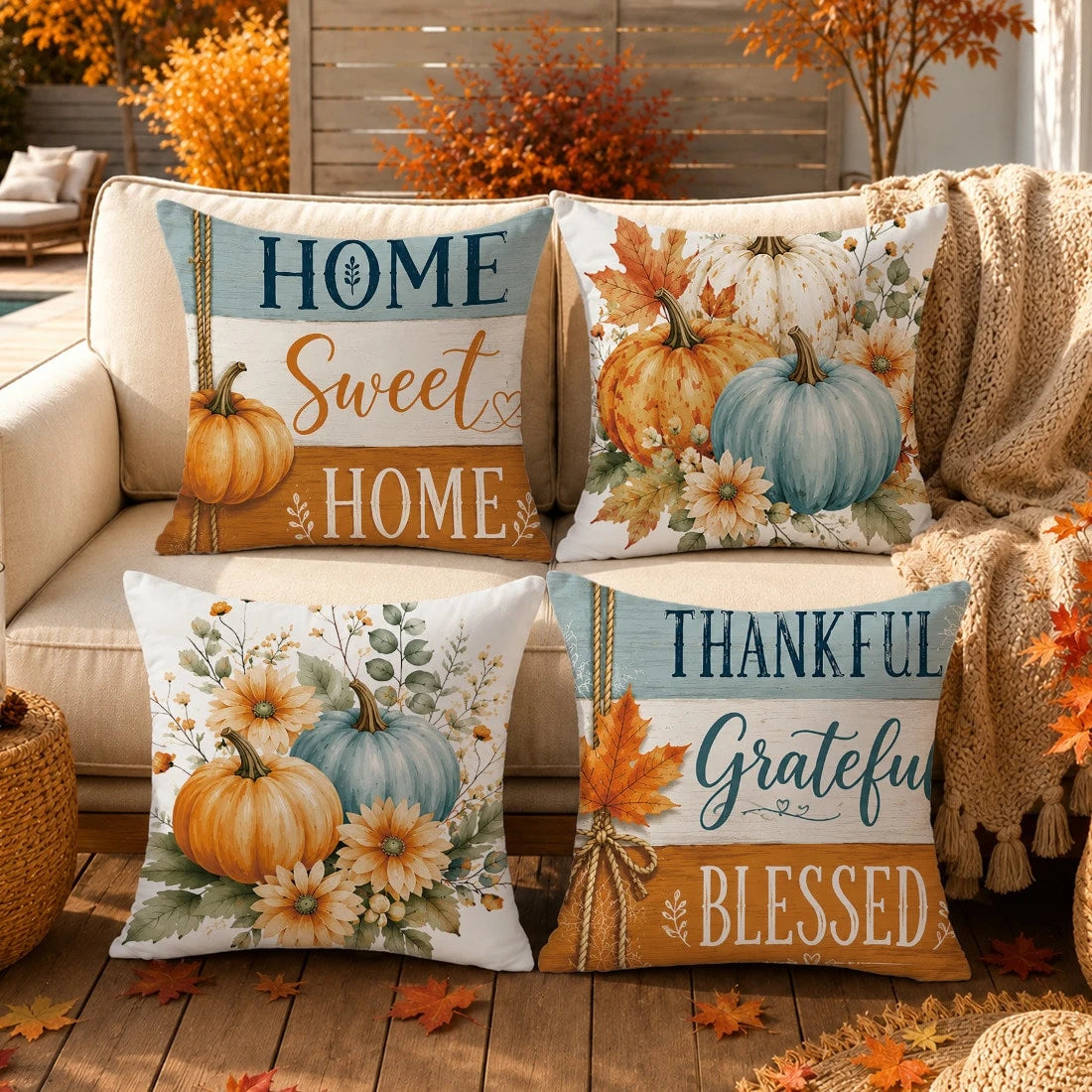 Autumn Minimalist Watercolor Blue Pumpkin & Maple Leaf Cushion Cover 4-Piece Set, Single-Sided Printed Peach Skin Velvet Polyester Material, 45*45CM Pillow Covers For Modern Fabric Sofa Indoor Decor