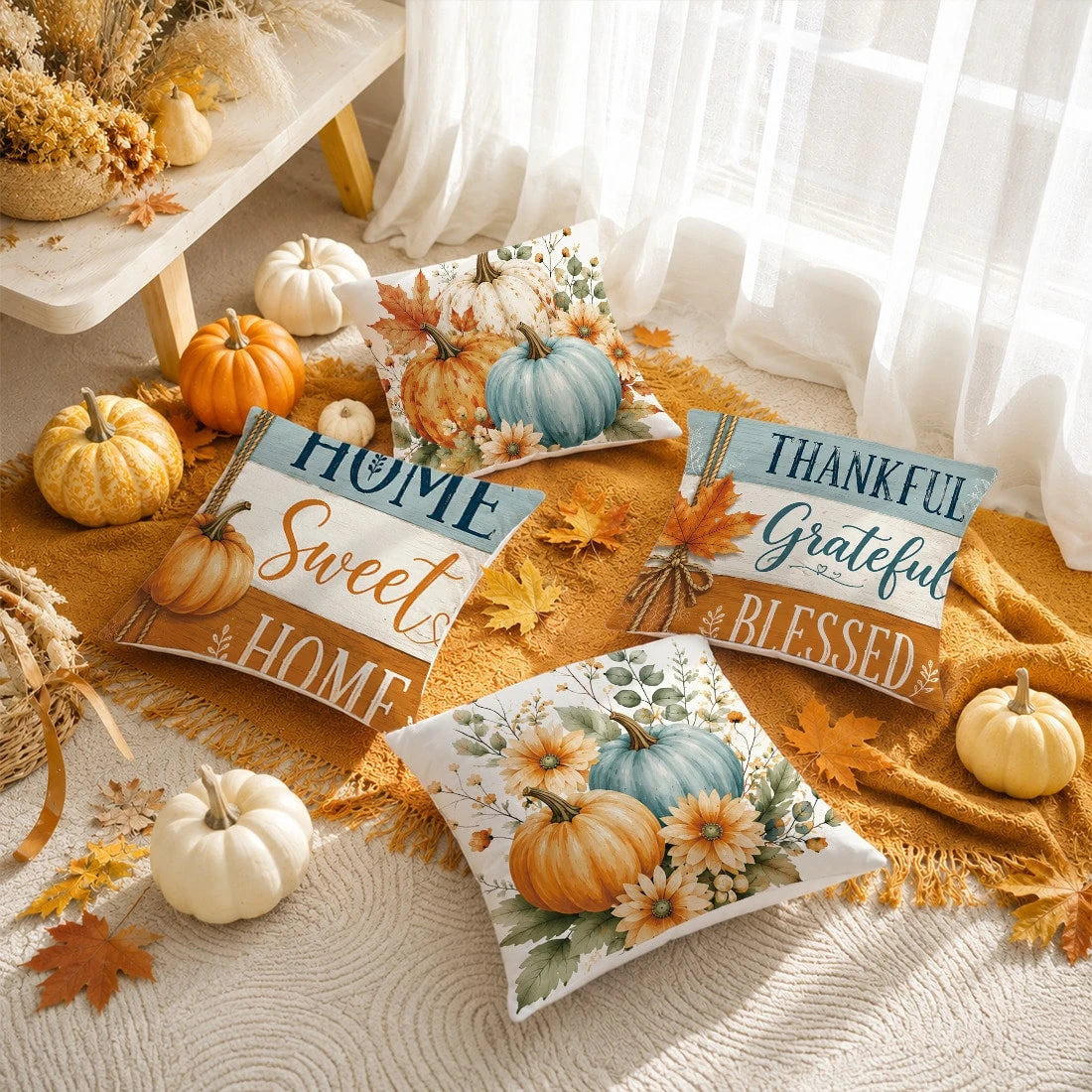 Autumn Minimalist Watercolor Blue Pumpkin & Maple Leaf Cushion Cover 4-Piece Set, Single-Sided Printed Peach Skin Velvet Polyester Material, 45*45CM Pillow Covers For Modern Fabric Sofa Indoor Decor