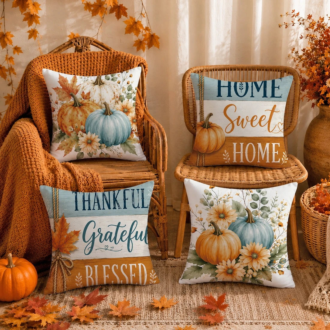 Autumn Minimalist Watercolor Blue Pumpkin & Maple Leaf Cushion Cover 4-Piece Set, Single-Sided Printed Peach Skin Velvet Polyester Material, 45*45CM Pillow Covers For Modern Fabric Sofa Indoor Decor