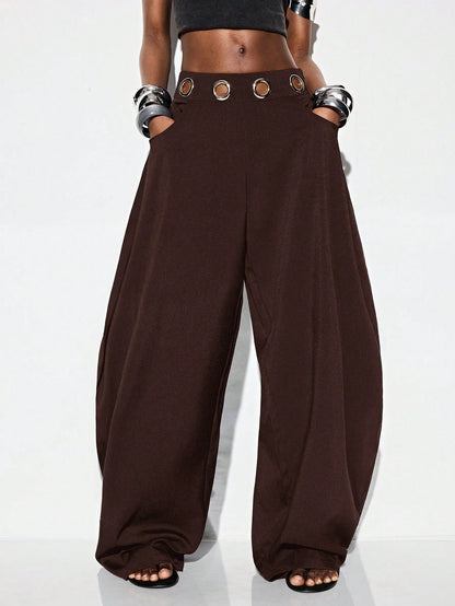 Aveloria GENKIRA Espresso Brown Winter Oversized Holiday Flared Harem Pants,Silver Metallic Eye Waistband Decor Streetwear Avant-Garde Casual Wear For Commute & Party