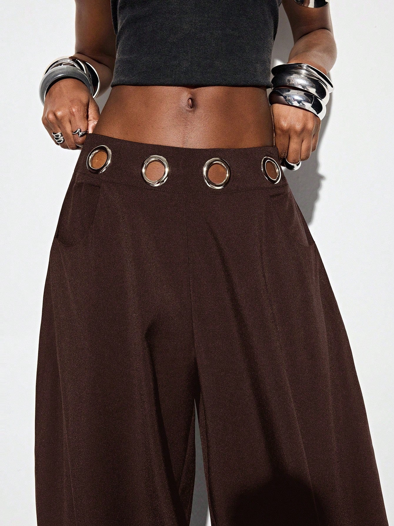 Aveloria GENKIRA Espresso Brown Winter Oversized Holiday Flared Harem Pants,Silver Metallic Eye Waistband Decor Streetwear Avant-Garde Casual Wear For Commute & Party