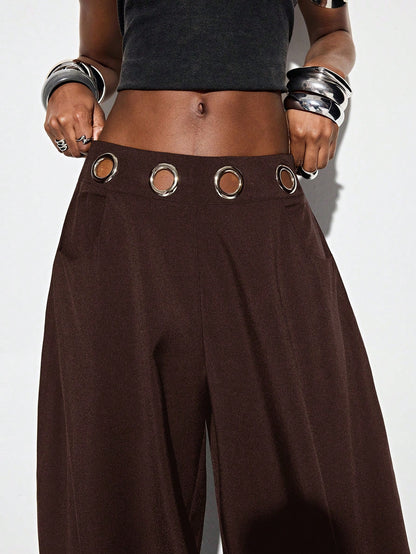 Aveloria GENKIRA Espresso Brown Winter Oversized Holiday Flared Harem Pants,Silver Metallic Eye Waistband Decor Streetwear Avant-Garde Casual Wear For Commute & Party