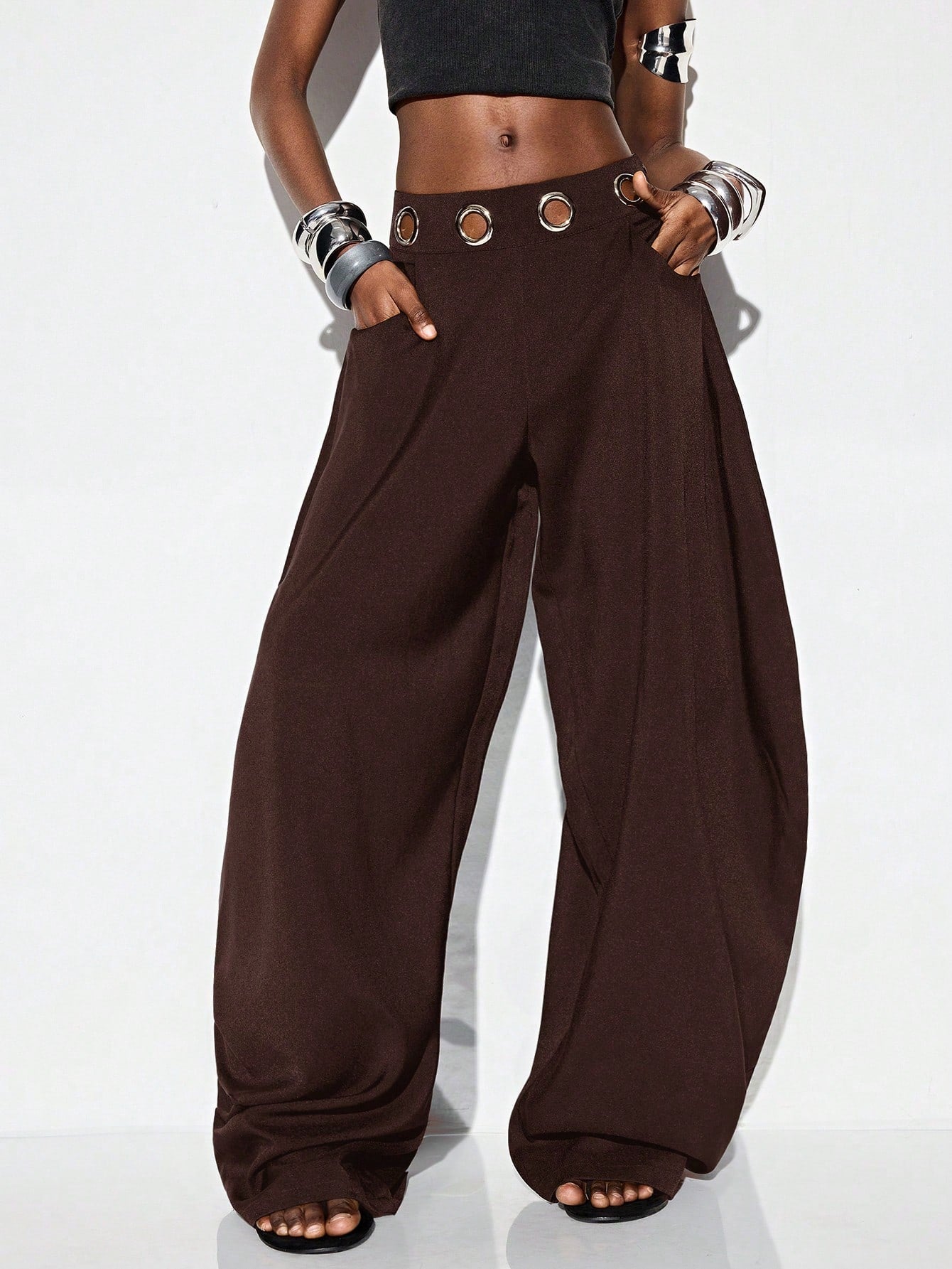 Aveloria GENKIRA Espresso Brown Winter Oversized Holiday Flared Harem Pants,Silver Metallic Eye Waistband Decor Streetwear Avant-Garde Casual Wear For Commute & Party