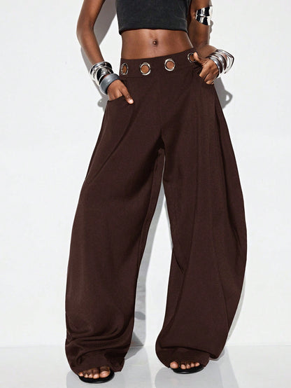 Aveloria GENKIRA Espresso Brown Winter Oversized Holiday Flared Harem Pants,Silver Metallic Eye Waistband Decor Streetwear Avant-Garde Casual Wear For Commute & Party