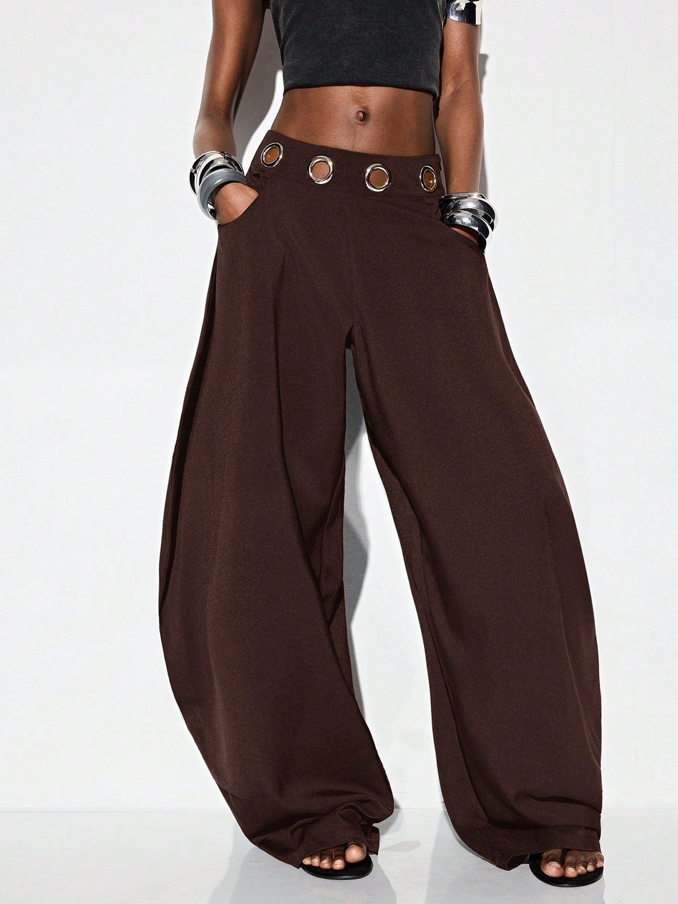 Aveloria GENKIRA Espresso Brown Winter Oversized Holiday Flared Harem Pants,Silver Metallic Eye Waistband Decor Streetwear Avant-Garde Casual Wear For Commute & Party