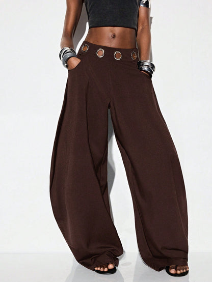Aveloria GENKIRA Espresso Brown Winter Oversized Holiday Flared Harem Pants,Silver Metallic Eye Waistband Decor Streetwear Avant-Garde Casual Wear For Commute & Party