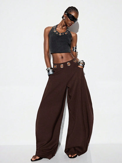 Aveloria GENKIRA Espresso Brown Winter Oversized Holiday Flared Harem Pants,Silver Metallic Eye Waistband Decor Streetwear Avant-Garde Casual Wear For Commute & Party