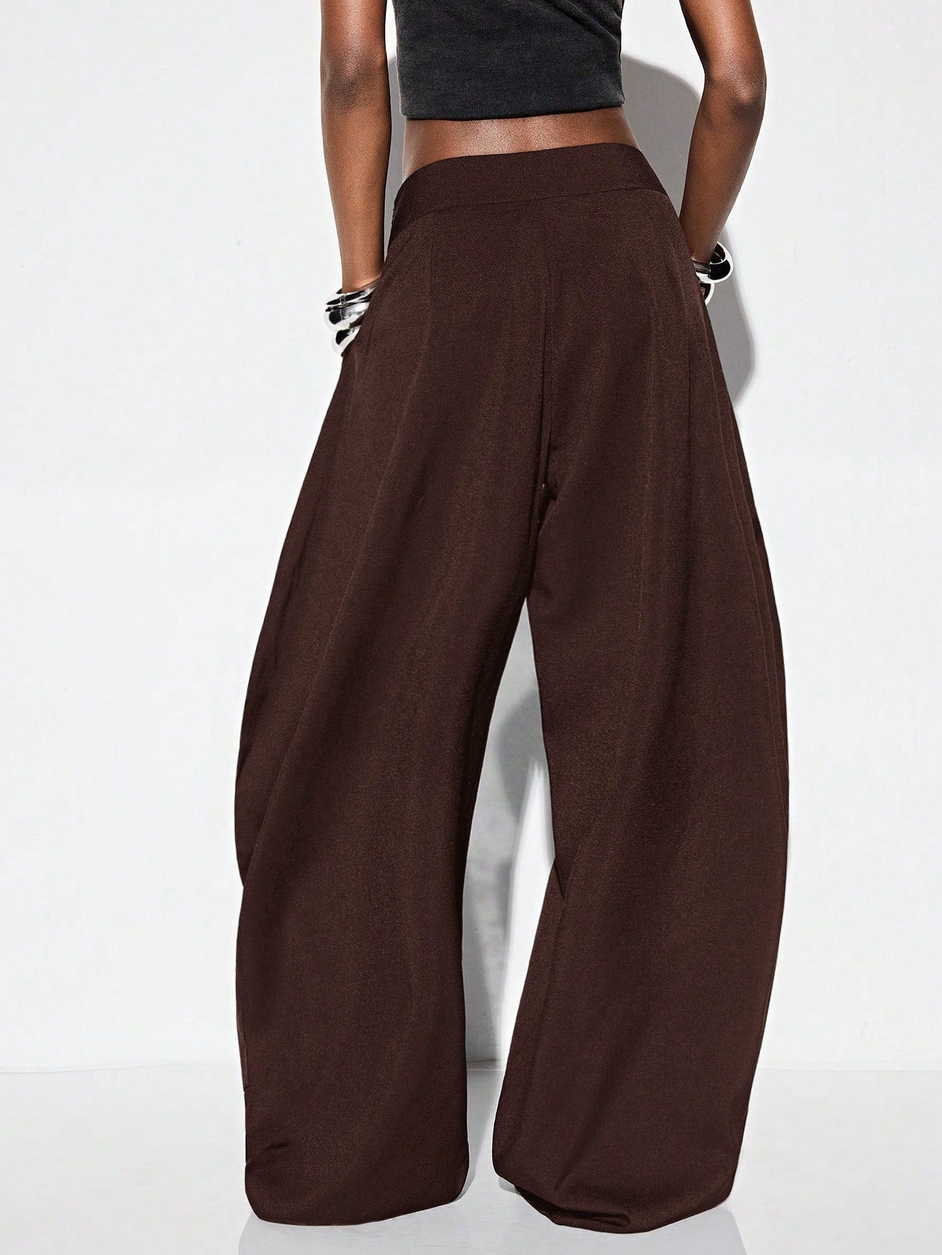 Aveloria GENKIRA Espresso Brown Winter Oversized Holiday Flared Harem Pants,Silver Metallic Eye Waistband Decor Streetwear Avant-Garde Casual Wear For Commute & Party