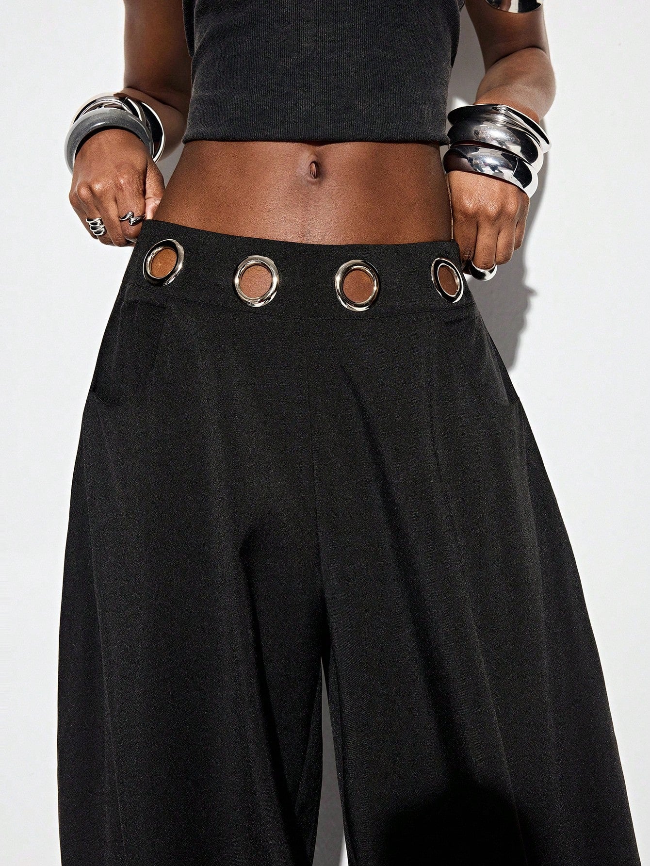 Aveloria GENKIRA Espresso Brown Winter Oversized Holiday Flared Harem Pants,Silver Metallic Eye Waistband Decor Streetwear Avant-Garde Casual Wear For Commute & Party