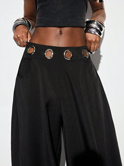 Aveloria GENKIRA Espresso Brown Winter Oversized Holiday Flared Harem Pants,Silver Metallic Eye Waistband Decor Streetwear Avant-Garde Casual Wear For Commute & Party