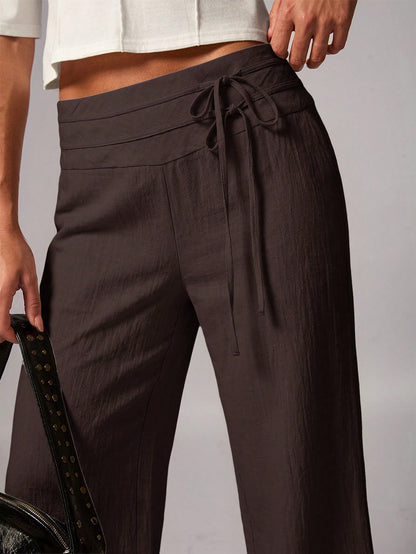Avenya Linen Casual Loose Waist Tie Decor Floor Length Pants Vacation Dark Brown Autumn