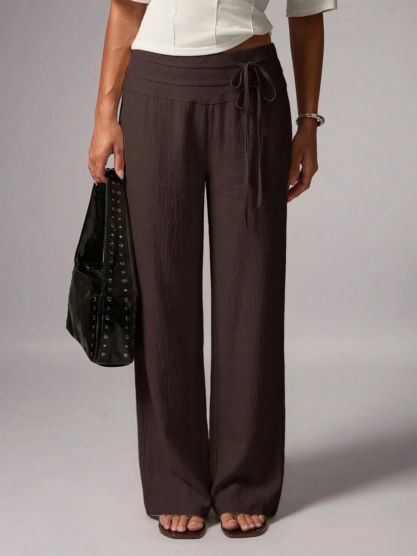 Avenya Linen Casual Loose Waist Tie Decor Floor Length Pants Vacation Dark Brown Autumn