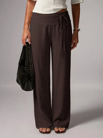Avenya Linen Casual Loose Waist Tie Decor Floor Length Pants Vacation Dark Brown Autumn