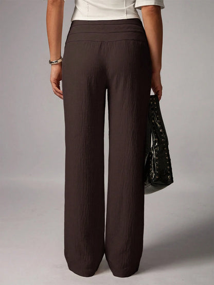 Avenya Linen Casual Loose Waist Tie Decor Floor Length Pants Vacation Dark Brown Autumn