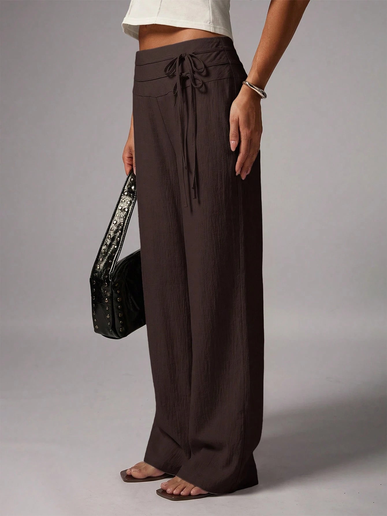 Avenya Linen Casual Loose Waist Tie Decor Floor Length Pants Vacation Dark Brown Autumn
