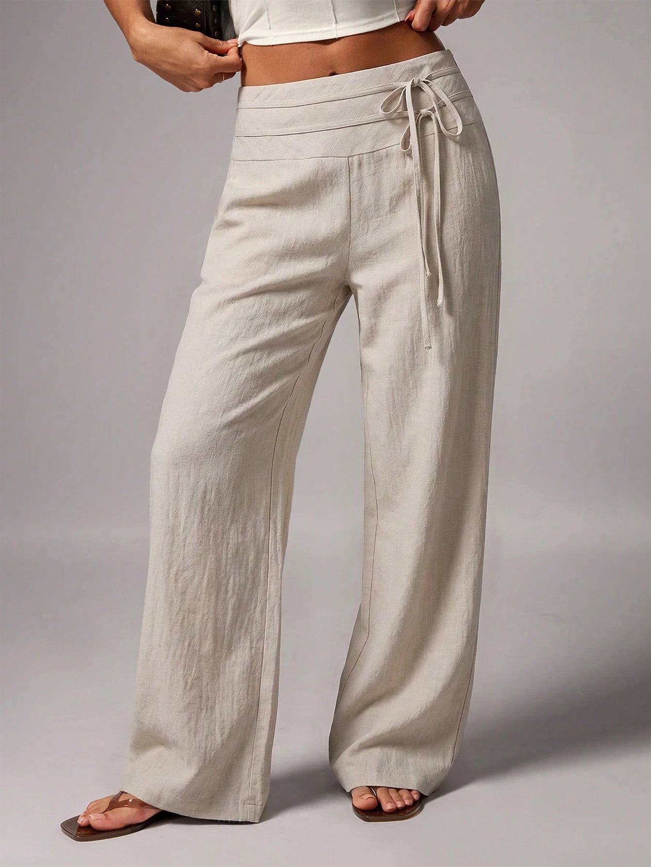 Avenya Linen Casual Loose Waist Tie Decor Floor Length Pants Vacation Dark Brown Autumn