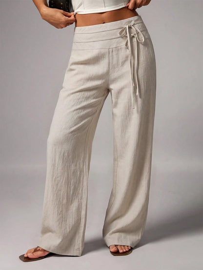 Avenya Linen Casual Loose Waist Tie Decor Floor Length Pants Vacation Dark Brown Autumn