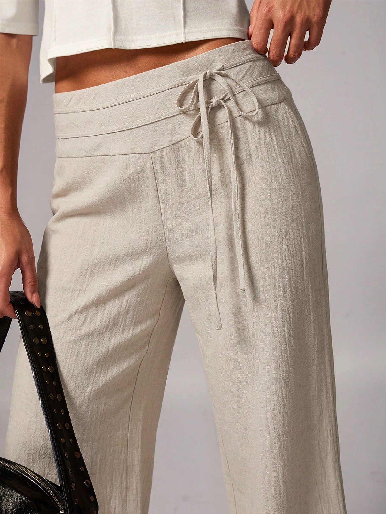 Avenya Linen Casual Loose Waist Tie Decor Floor Length Pants Vacation Dark Brown Autumn