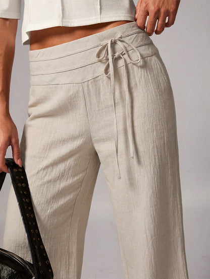 Avenya Linen Casual Loose Waist Tie Decor Floor Length Pants Vacation Dark Brown Autumn