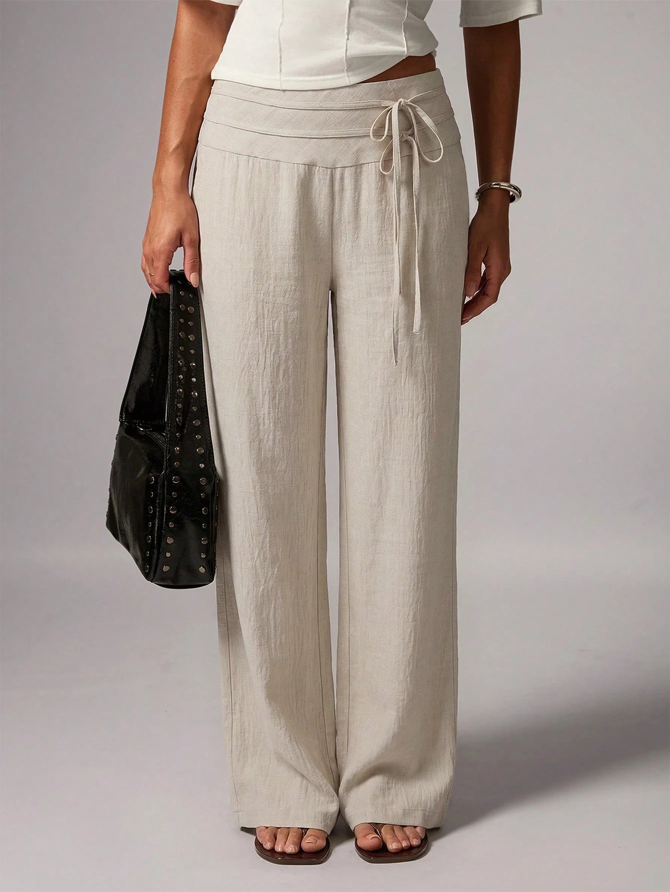 Avenya Linen Casual Loose Waist Tie Decor Floor Length Pants Vacation Dark Brown Autumn