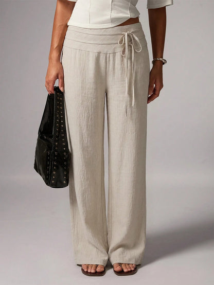 Avenya Linen Casual Loose Waist Tie Decor Floor Length Pants Vacation Dark Brown Autumn