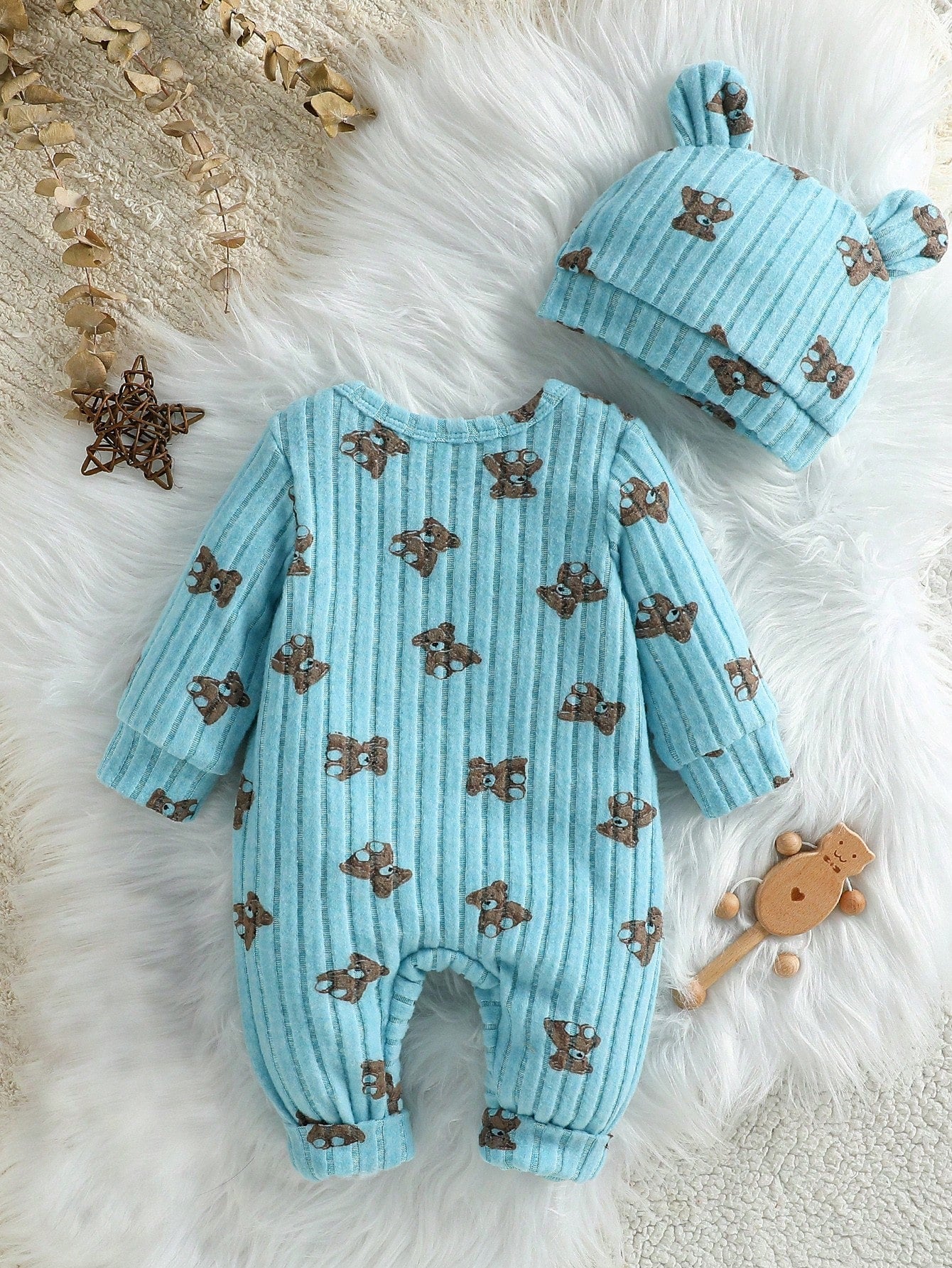 Baby Boy 2pcs Set Casual Cute Long Sleeve Bear Print Jumpsuits Autumn/Winter Outfit Clothings