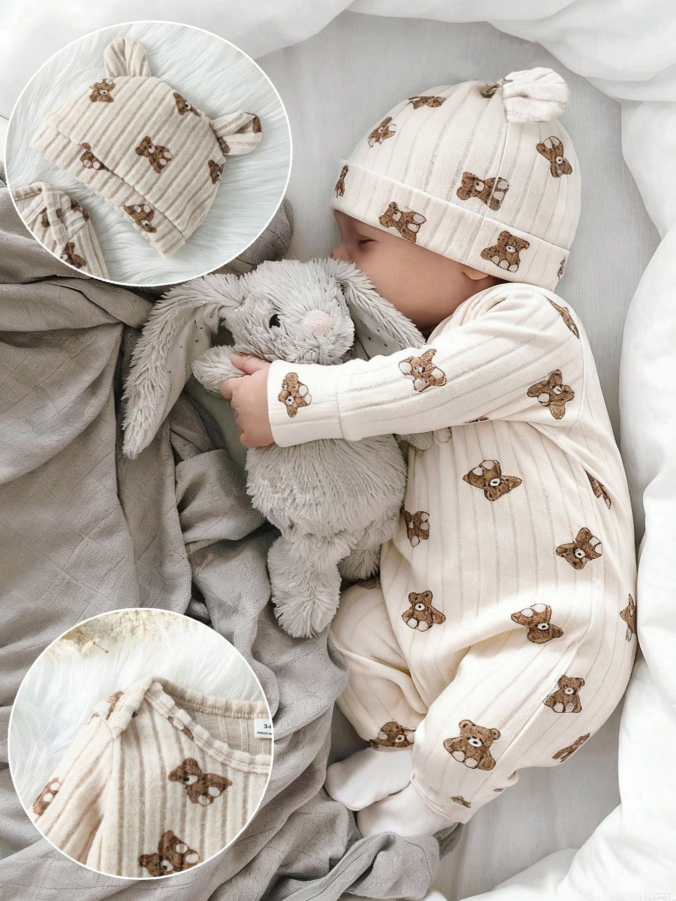 Baby Boy 2pcs Set Casual Cute Long Sleeve Bear Print Jumpsuits Autumn/Winter Outfit Clothings