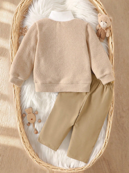 Baby Boy Autumn/Winter Casual Colorblock Patchwork Bear Graphic Sweatshirt & Pants Set
