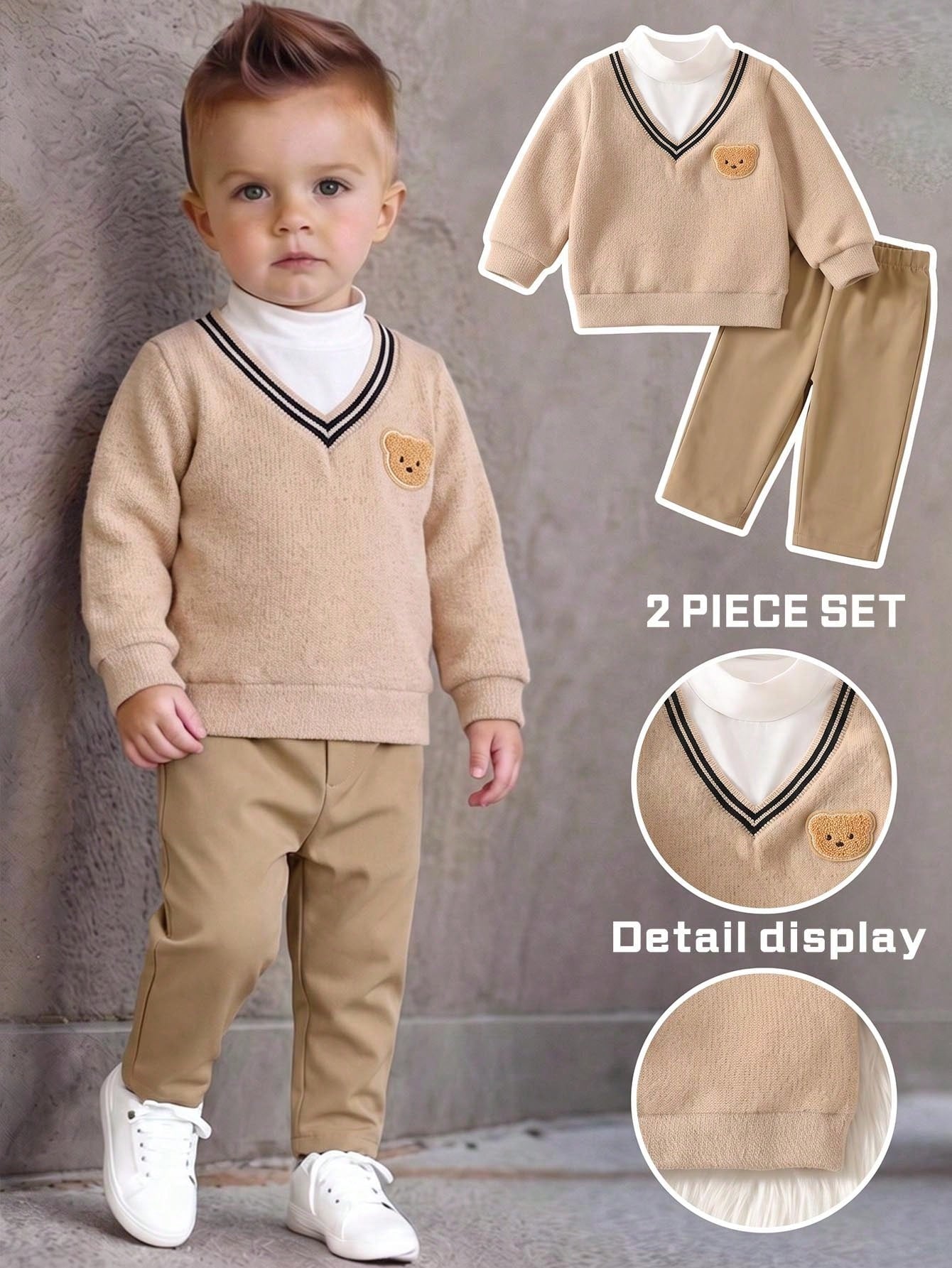 Baby Boy Autumn/Winter Casual Colorblock Patchwork Bear Graphic Sweatshirt & Pants Set