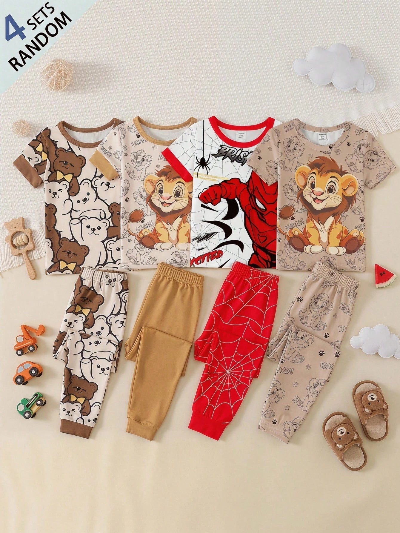 Baby Boy Casual Cartoon Bear Pattern Slim Fit Round Neck Comfortable Short Sleeve Pants Pajamas, Suitable For Spring & Summer 4 SETS RANDOM Snug Fit
