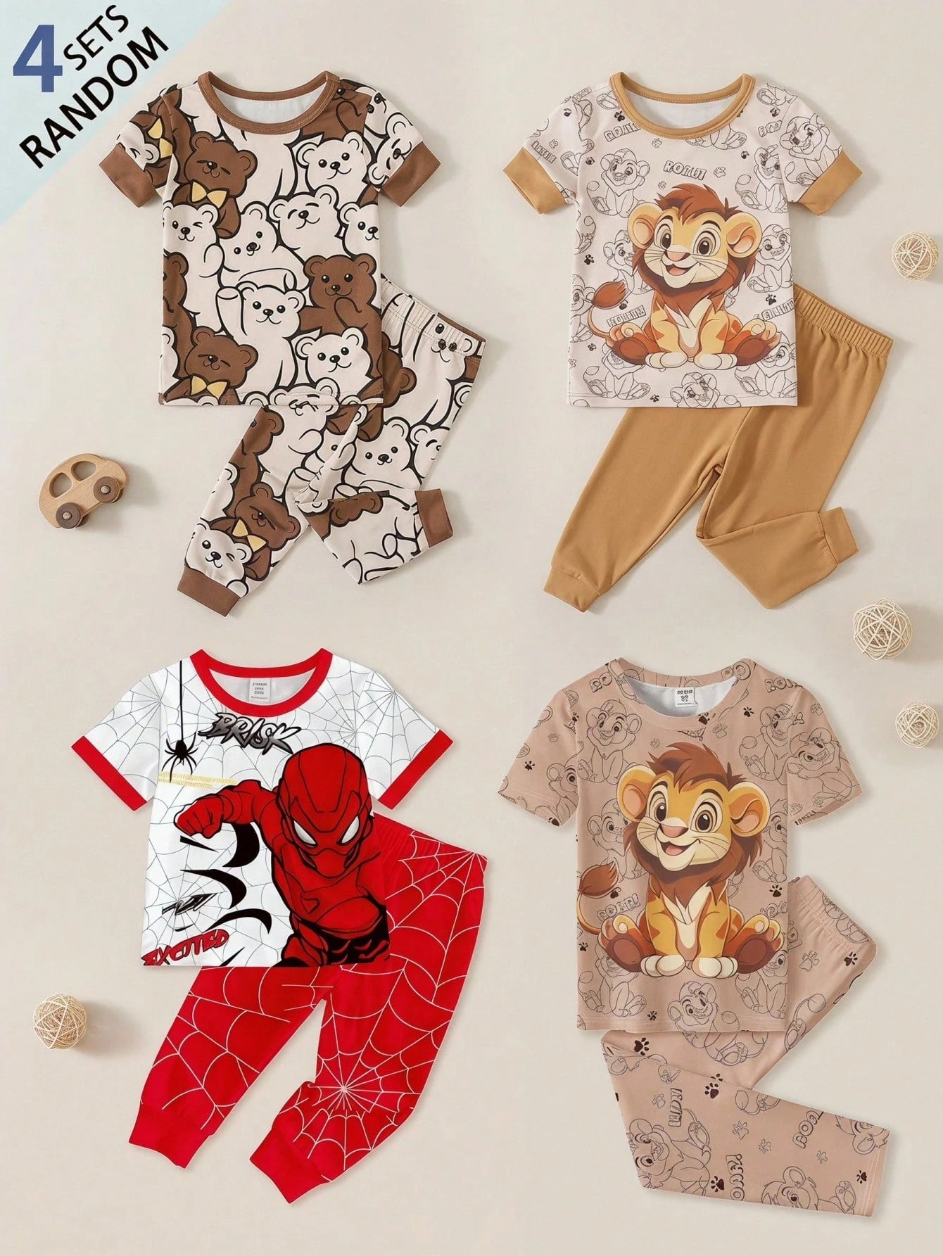 Baby Boy Casual Cartoon Bear Pattern Slim Fit Round Neck Comfortable Short Sleeve Pants Pajamas, Suitable For Spring & Summer 4 SETS RANDOM Snug Fit