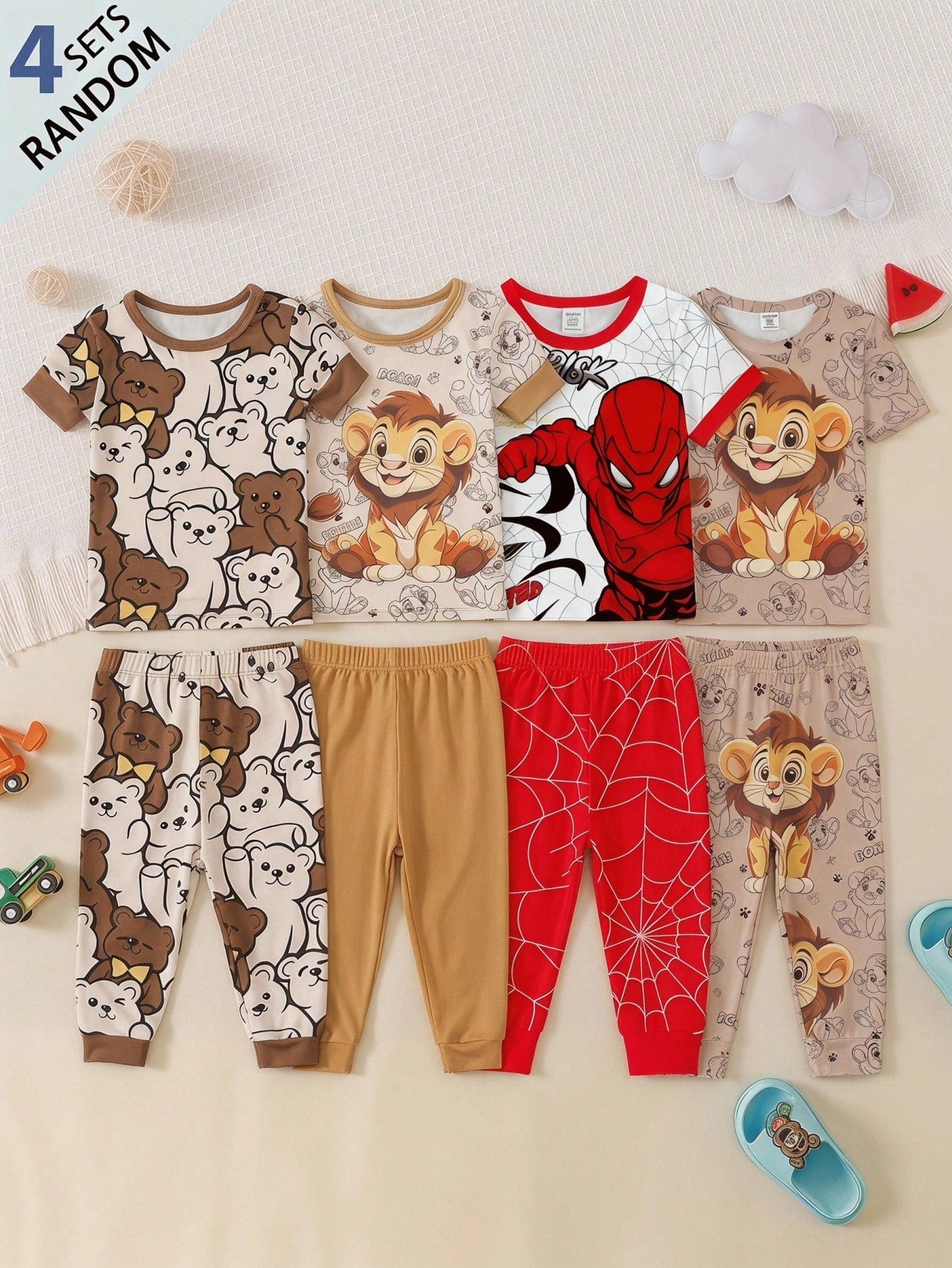 Baby Boy Casual Cartoon Bear Pattern Slim Fit Round Neck Comfortable Short Sleeve Pants Pajamas, Suitable For Spring & Summer 4 SETS RANDOM Snug Fit