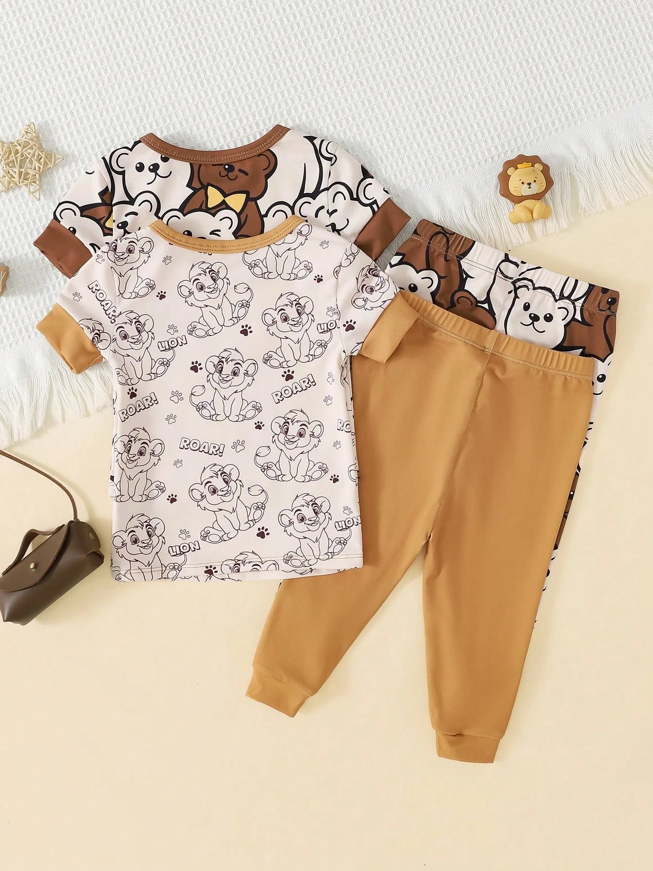 Baby Boy Casual Cartoon Bear Pattern Slim Fit Round Neck Comfortable Short Sleeve Pants Pajamas, Suitable For Spring & Summer 4 SETS RANDOM Snug Fit