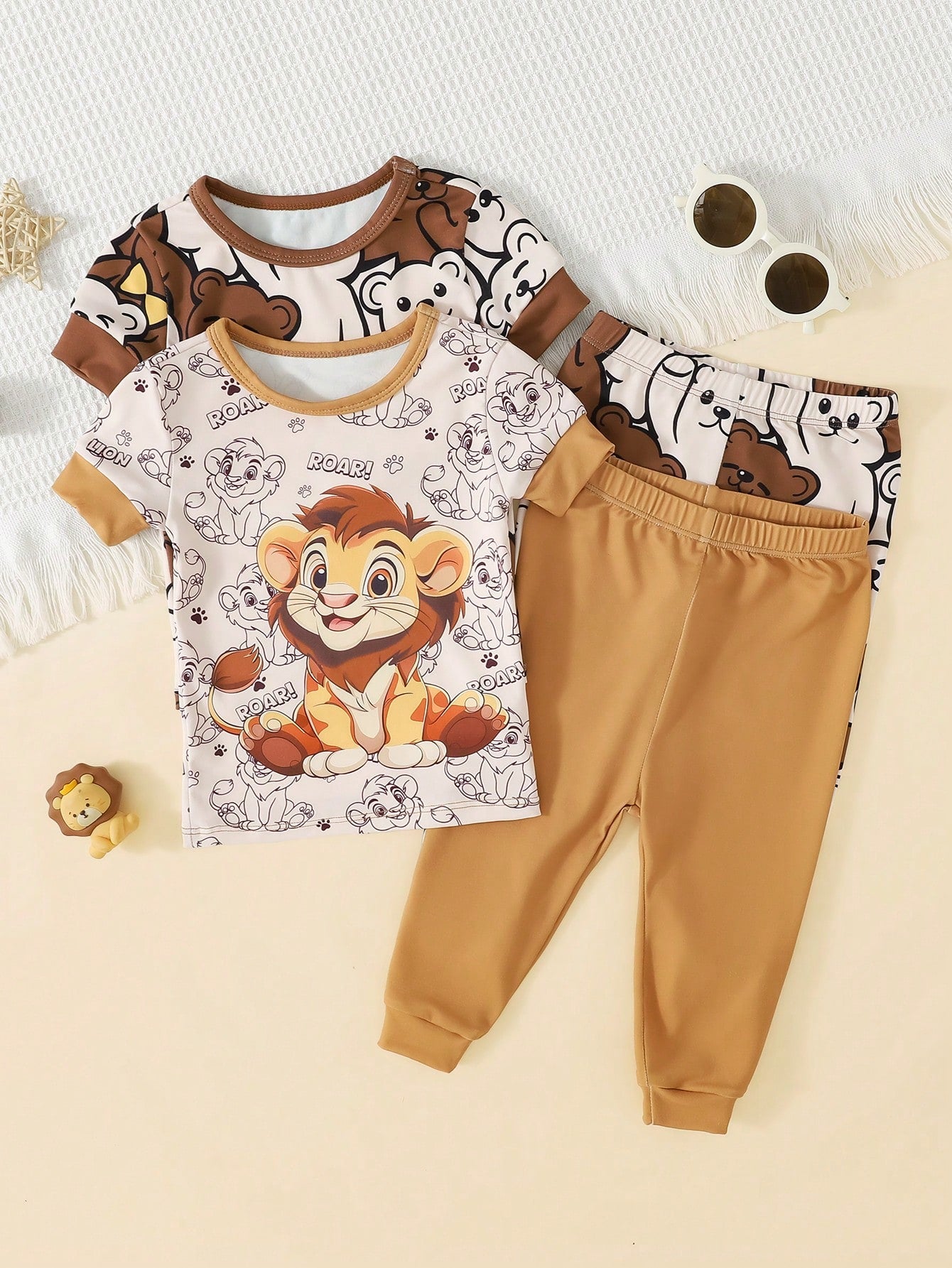Baby Boy Casual Cartoon Bear Pattern Slim Fit Round Neck Comfortable Short Sleeve Pants Pajamas, Suitable For Spring & Summer 4 SETS RANDOM Snug Fit