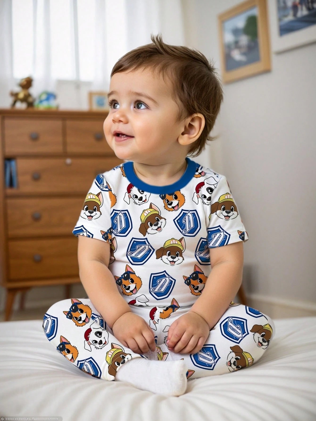 Baby Boy Casual Cartoon Bear Pattern Slim Fit Round Neck Comfortable Short Sleeve Pants Pajamas, Suitable For Spring & Summer 4 SETS RANDOM Snug Fit