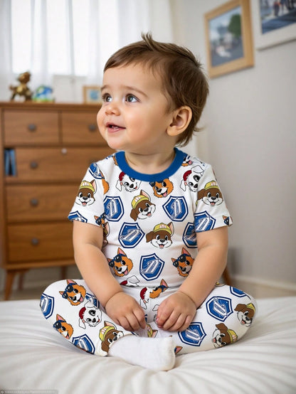 Baby Boy Casual Cartoon Bear Pattern Slim Fit Round Neck Comfortable Short Sleeve Pants Pajamas, Suitable For Spring & Summer 4 SETS RANDOM Snug Fit