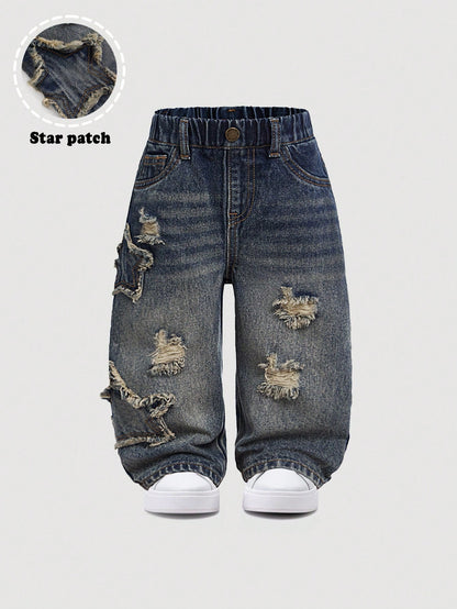 Baby Boy Casual Cute Vintage Star Design Fringed Ripped Loose Fit Blue Jeans,For Fall/Winter Outdoor Wear And Daily Wear