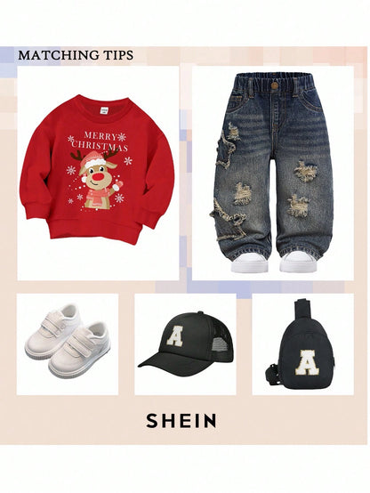 Baby Boy Casual Cute Vintage Star Design Fringed Ripped Loose Fit Blue Jeans,For Fall/Winter Outdoor Wear And Daily Wear