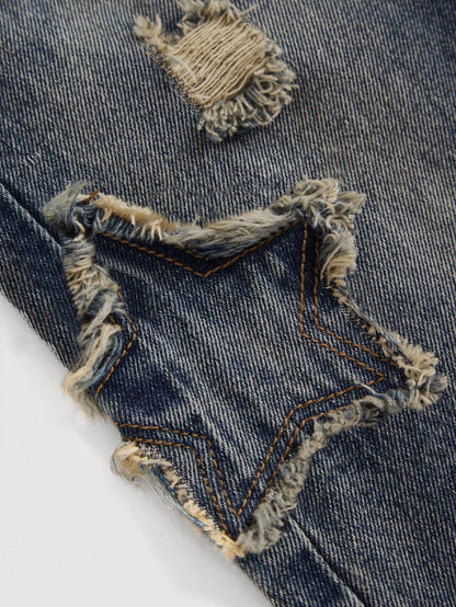 Baby Boy Casual Cute Vintage Star Design Fringed Ripped Loose Fit Blue Jeans,For Fall/Winter Outdoor Wear And Daily Wear