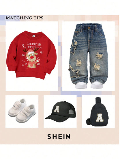 Baby Boy Casual Cute Vintage Star Design Fringed Ripped Loose Fit Blue Jeans,For Fall/Winter Outdoor Wear And Daily Wear