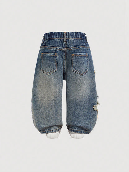 Baby Boy Casual Cute Vintage Star Design Fringed Ripped Loose Fit Blue Jeans,For Fall/Winter Outdoor Wear And Daily Wear