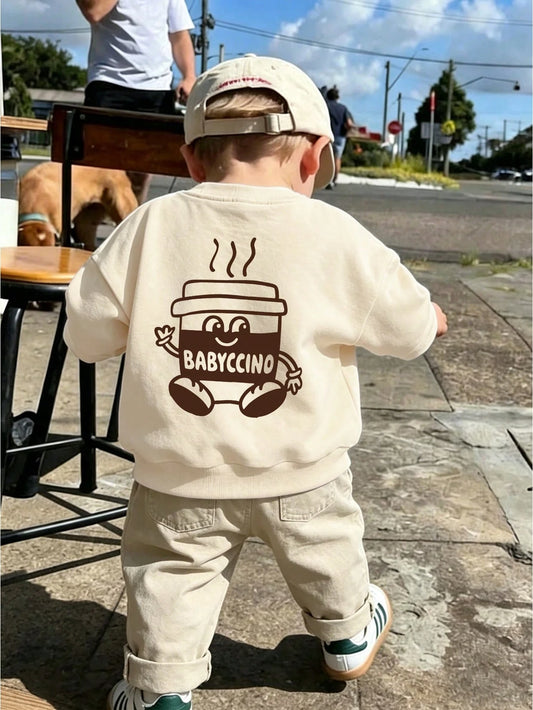 Baby Boy Casual Loose Comfortable Daily Long Sleeve Sweatshirt, Cappuccino Print, Suitable For Autumn/Winter Wear