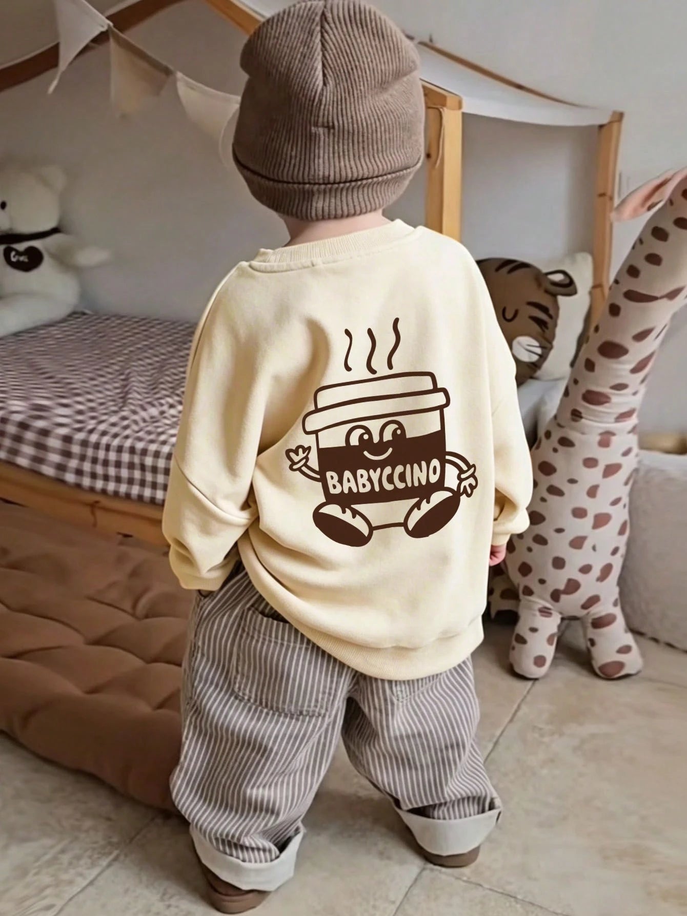 Baby Boy Casual Loose Comfortable Daily Long Sleeve Sweatshirt, Cappuccino Print, Suitable For Autumn/Winter Wear