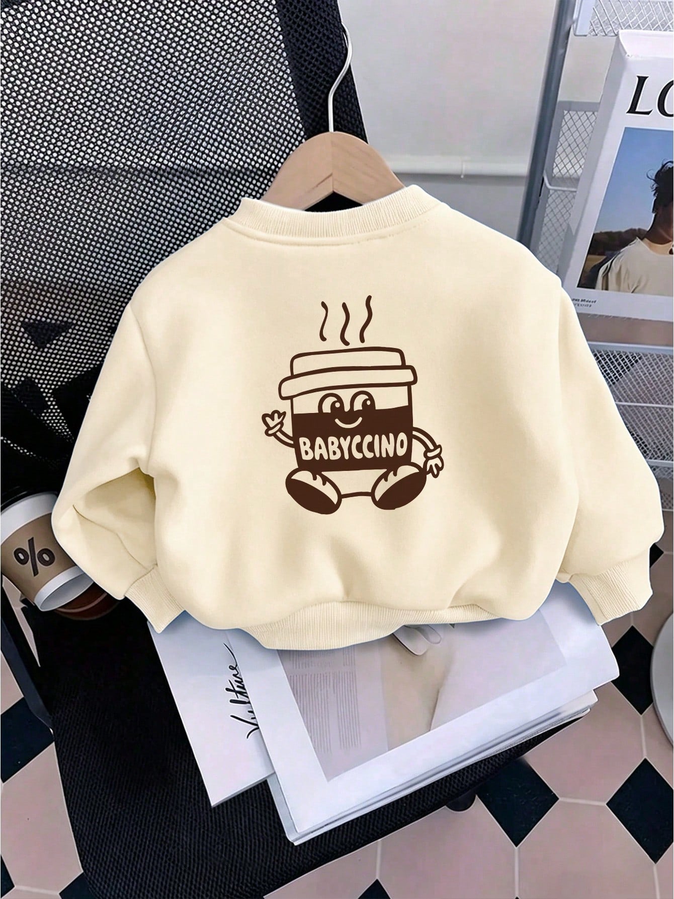 Baby Boy Casual Loose Comfortable Daily Long Sleeve Sweatshirt, Cappuccino Print, Suitable For Autumn/Winter Wear